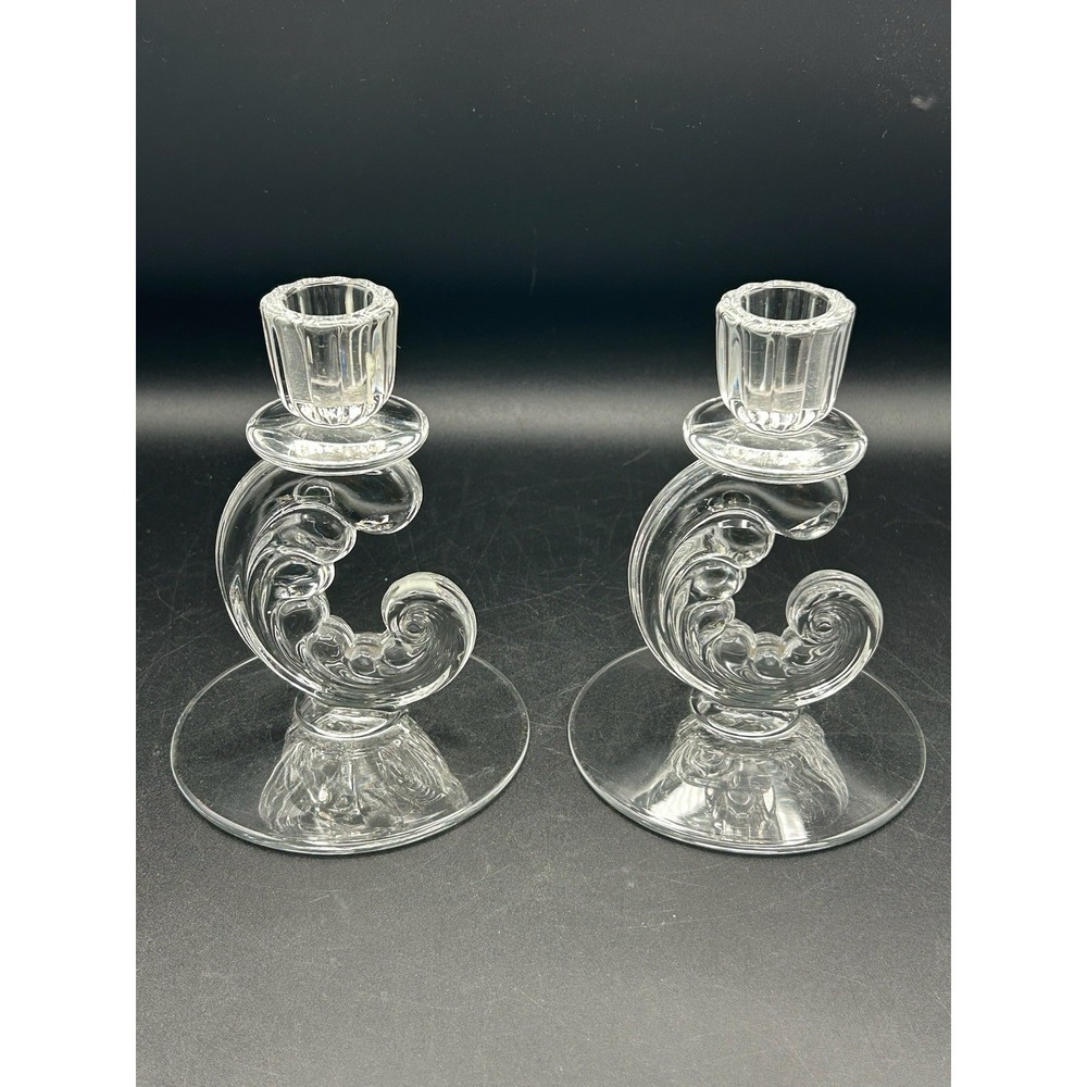 VTG Art Deco MCM Fostoria Plume Solid Clear Lead Crystal Pair of Candle Holder